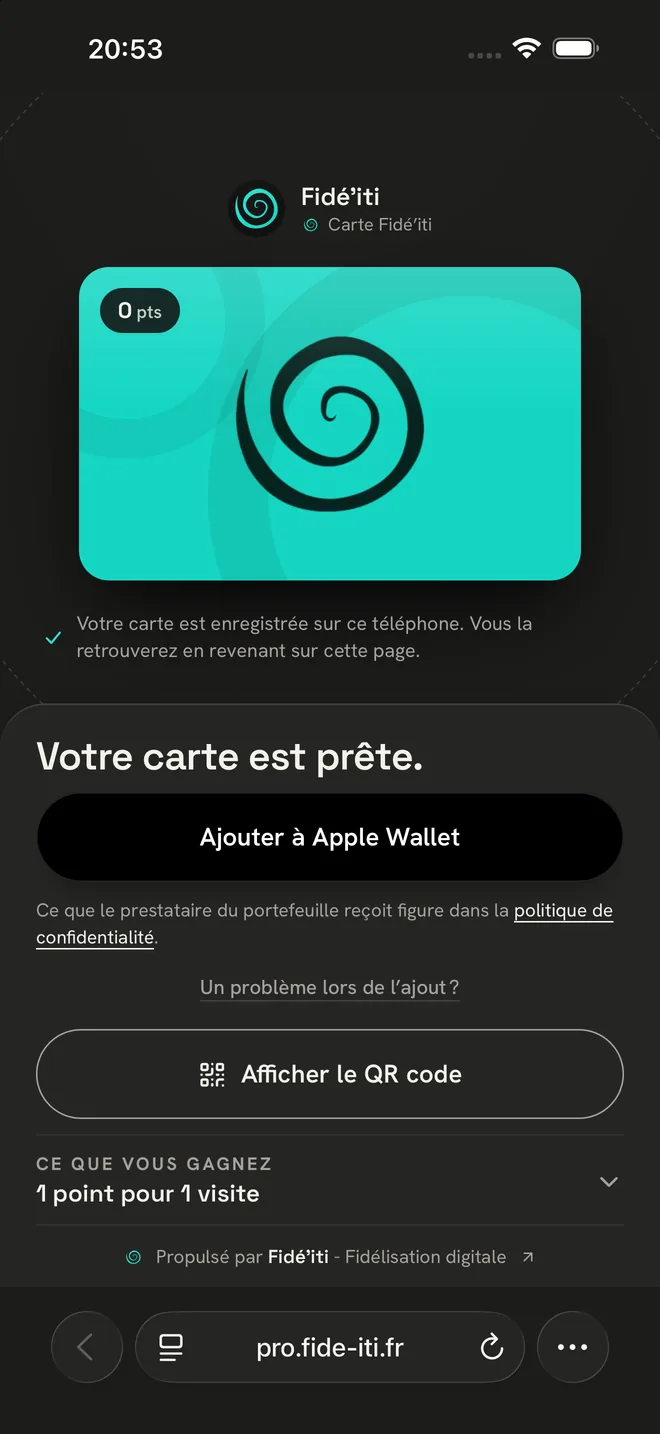 «&nbsp;Votre carte est prête&nbsp;»&nbsp;: bouton Ajouter à Apple Wallet